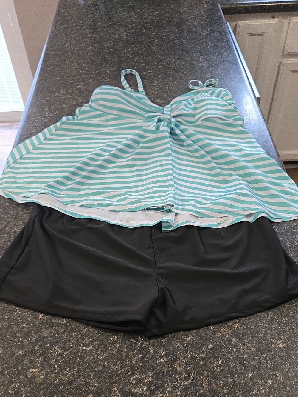 Striped Aqua and White Tankini Top with Black Swim Shorts